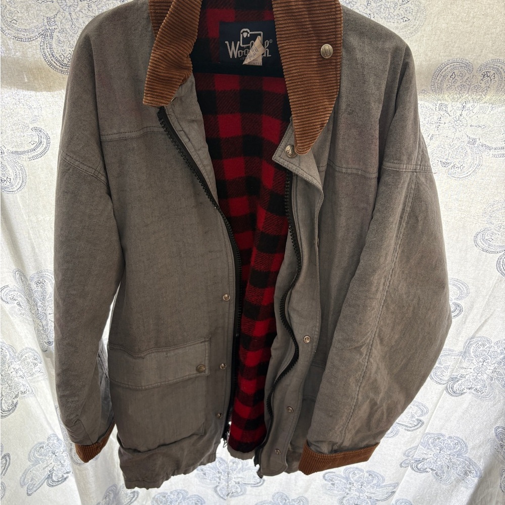 Vintage Woolrich Gray Military Field Jacket with Brown Accents